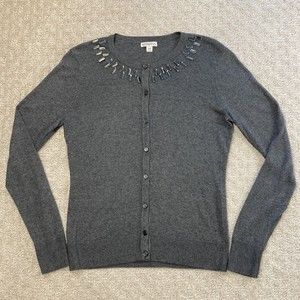 Cardigan Embellished Rectangular Baguette Button Up Sweater Gray Small Womens